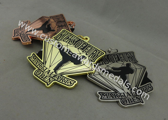 Customized Martial Arts Ribbon Medals , Die Casting Enamel Medal With Sublimated Lanyard